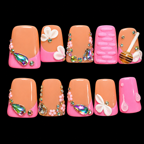 10 pcs Pink Lollipop Abstract Diamond Duck Bill Fake Nail Set
Size: Large