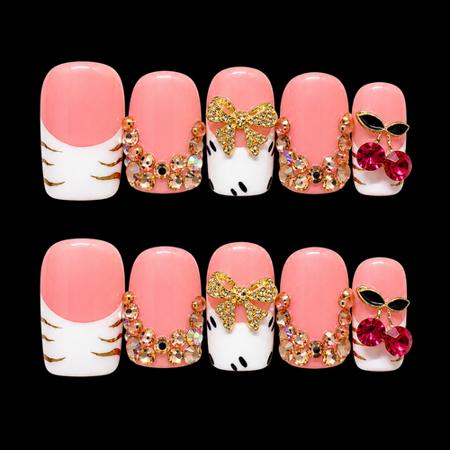 10 pcs White Gold Bow Cherry Diamond Short Square Fake Nail Set
Available Size: Medium