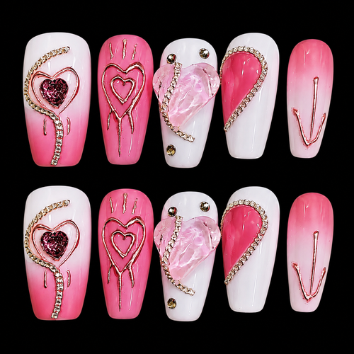 10 pcs Pink Heart Imprinted Diamond Long Coffin Fake Nail Set
Available Size: Medium