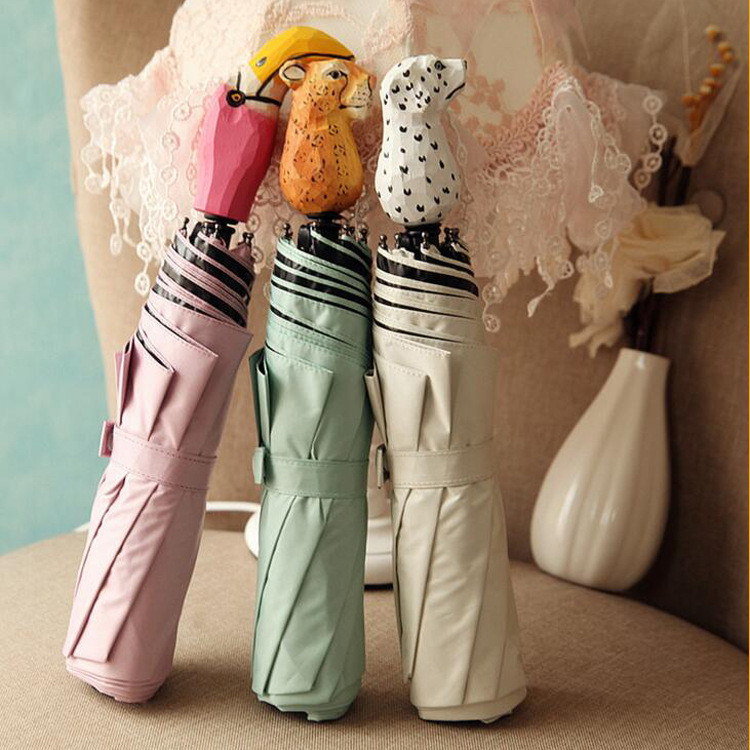 Cute Wood Carving Animal Head Handle Umbrella
