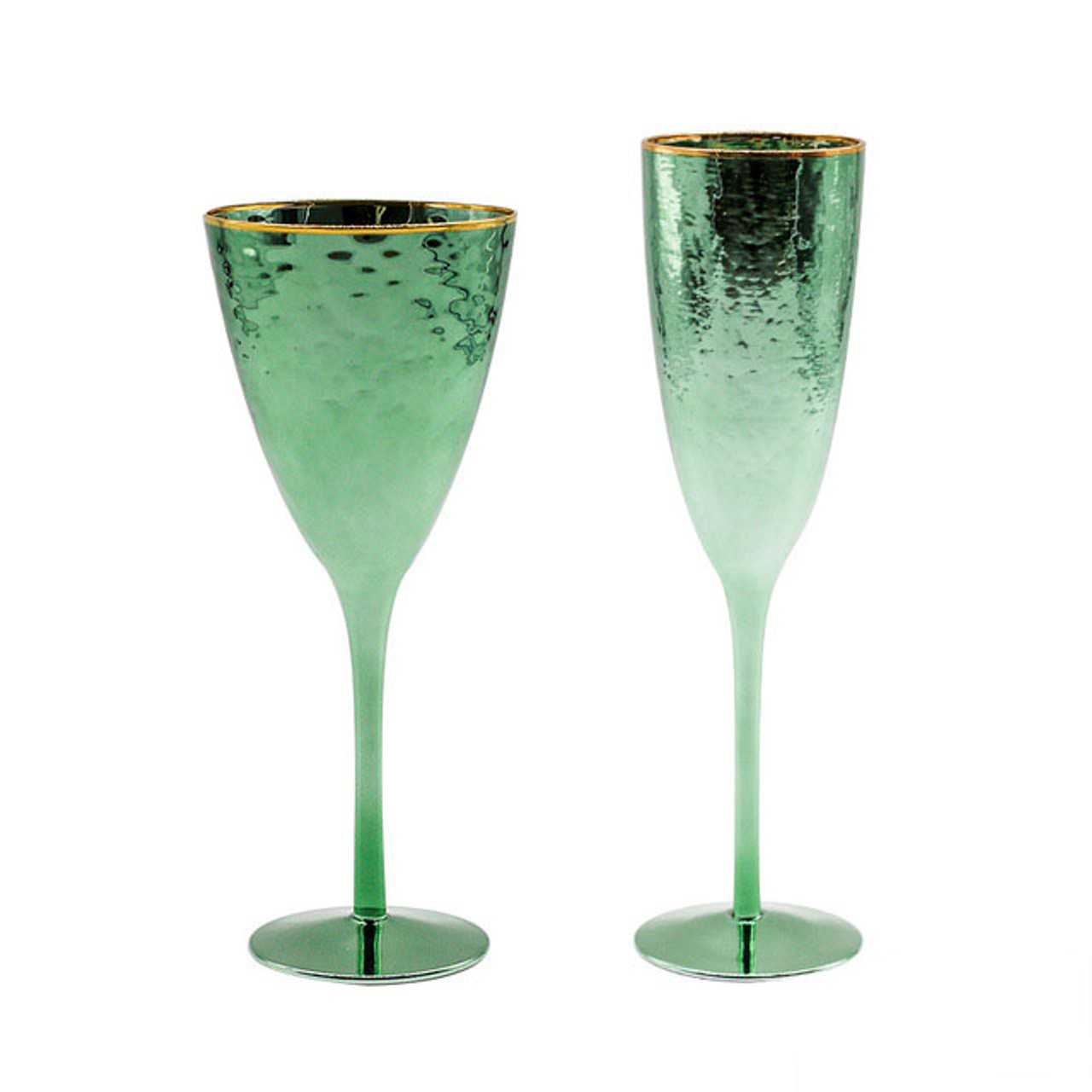 Vintage Emerald Green Wine Glasses Gold Rimmed Hammer Texture