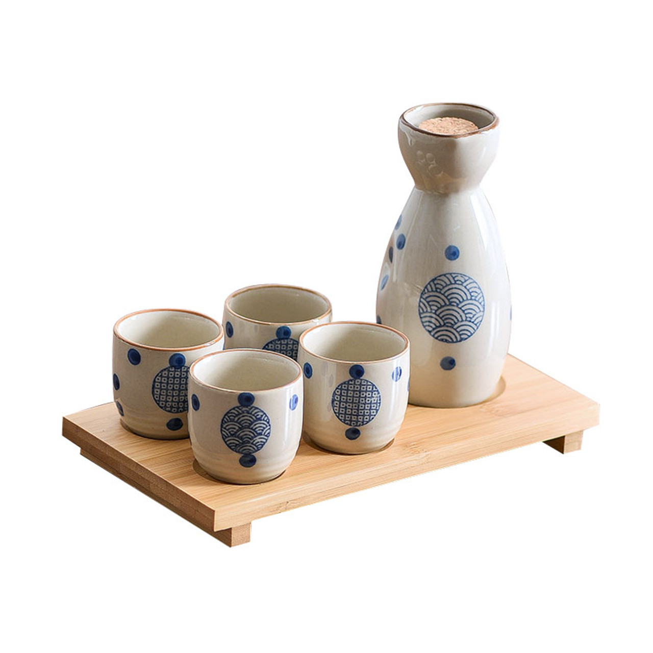 Japanese Wave Style Ceramic Sake Set for Four, Handmade Blue and White  Seigaiha Pattern, Wine Gift with Bamboo Serving Tray
