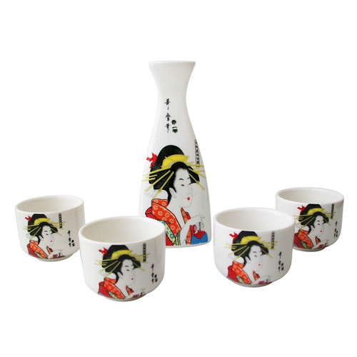Japanese porcelain sake set, geisha lady traditional chinese painting of beautiful women design.