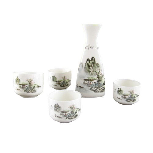 Elegant 5 pieces Japanese sake set, traditional Chinese landscape paintings design: green mountain red trees, great for sake wine serving, also ideal gifts for people love Asian food.