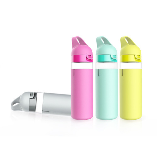 Sports Water Bottle One Click Flip Top Open with Silicone Sleeve 18oz BPA Free Borosilicate Glass Portable for Running Gym Yoga Outdoors