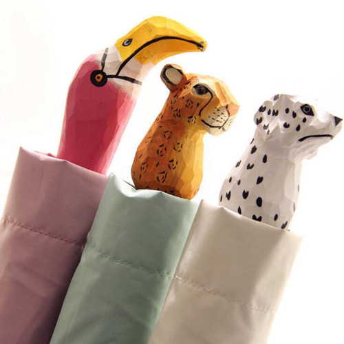 Cute wood carving animal head handle umbrella