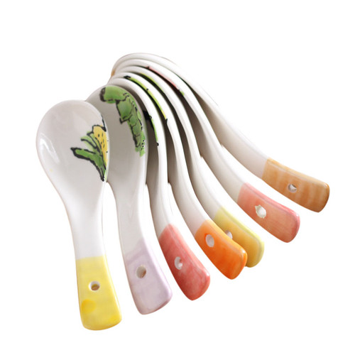 Hand painted vegetable motif ceramic soup spoon