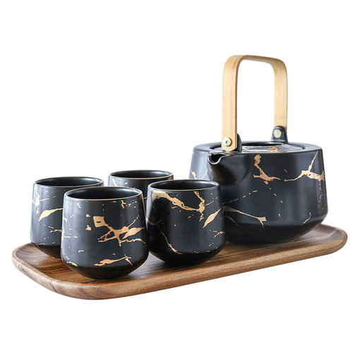 Marble Tea Set with Wood Tray