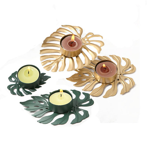 Monstera Leaf Tea Light Holder Gold Green