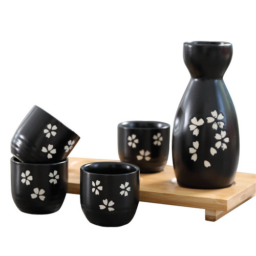 Black Sakura Sake Set with Bamboo Serving Tray