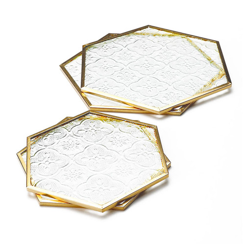 Retro Flower Textured Glass Coaster with Brass Edge