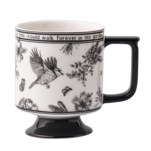 Sparrow Floral Mug Vintage Black Bird Milk Ceramic Pedestal Coffee Mug White Footed Tea Cup