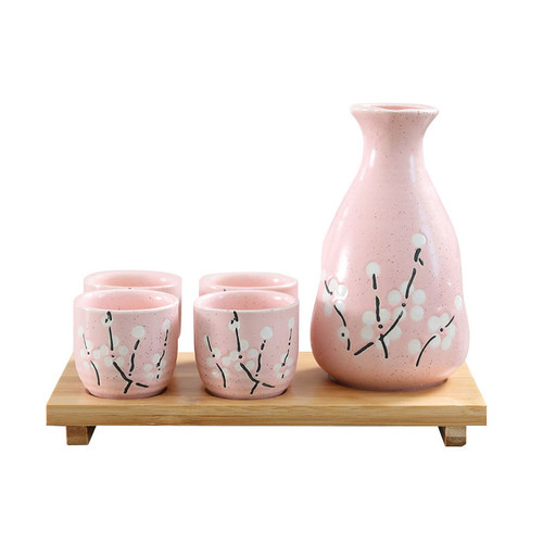 Japanese Sake Set Cherry Blossom with Bamboo Serving Tray Pink