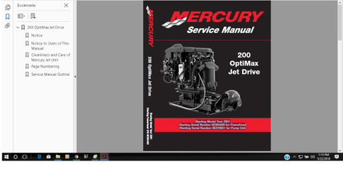 Mercury Marine 200 Optimax Jet Drive Service Manual 90-881986  on CD. USB flash drive available upon 