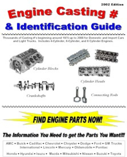 Includes Hundreds of Block Numbers, Cylinder Head Numbers, Crankshaft Numbers, and Connecting Rod Numbers.

IMPORT & DOMESTIC Manufacturers

4 Cylinder, 6 Cylinder, and 8 Cylinder

Years start around 1975 up to 2000

LOOK! - Includes Bore & Stroke Specifications for each Engine

Brand New Book with 117 Pages, Comb Bound 8.5" X 11" Pages - TONS OF INFO!

Great for Swap Meets, Junkyards, Professional Mechanics, Do-it-Yourself Mechanic, Machine Shops, or ANYONE who needs to reference engine part #'s for blocks, cranks, rods, and heads!!!

Now you can I.D. Blocks, Cylinder Heads, Crankshafts, Connecting Rods and Lots More (by cross-referencing, matching similar engines, etc.) from the following:
Domestic Vehicles: AMC, Buick, Cadillac, Chevrolet, Chrysler, Dodge, Ford, GM, International, Jeep, Lincoln, Mercury, Oldsmobile, Pontiac
Import Vehicles: Honda, Hyundai, Isuzu, Mazda, Mitsubishi, Nissan, Suzuki, and Toyota.

You need this book!!!

With this book you will be able to identify the original parts listed above by Part Numbers or Casting Number. A wealth of information in this Great Collection.