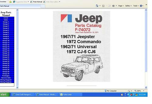  Jeep  1984 - 1996  factory parts manual
This autorun, menu driven CD contains the complete oem Jeep factory parts manual 1044  pages

 1994-1996 all models

I carry manuals for ford, mustang, corvette, oldsmobile, pontiac, buick, GMC, honda, toyota, mitsubishi, suzuki, geo, nissan and more Plus wiring diagrams for most

Manuals on CD come with a free adobe reader for easy browsing, viewing, zooming and printing . You can print any page or the complete manual .