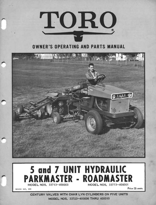 CD containing the following :

Toro 5 unit hydraulic parkmaster and 7 unit road master mower owners operating and parts manual `1961 

Toro 5 & 7 unit parkmaster roadmaster commercial professional mower
