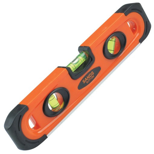 9-inch high-visibility orange magnetic plastic torpedo level with three precision vials for masonry and construction alignment.