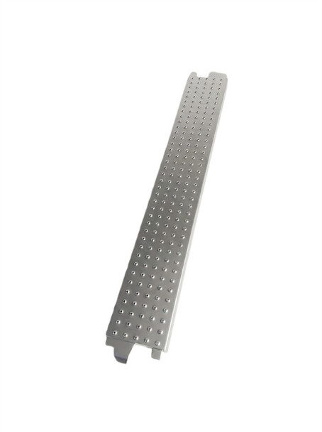 9-inch by 7-foot galvanized dog ear steel scaffold plank for cuplock and ringlock systems featuring an anti-slip perforated surface.