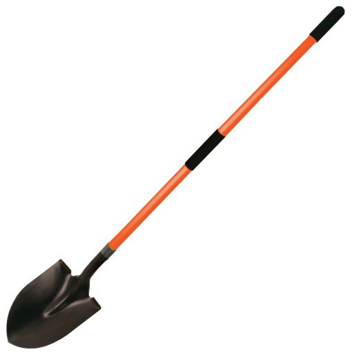 Professional 48-inch fiberglass handle round point shovel with 14-gauge tempered steel blade for industrial digging.
