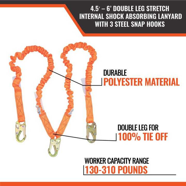 Shock Absorbing Lanyard - Elasticated Design - 2 Snap Hooks - 4.5ft to 6ft main image 1