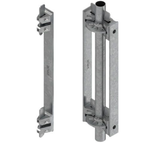 Heavy-duty galvanized Ringlock suspended bracket for connecting vertical standards in suspended scaffolding systems.