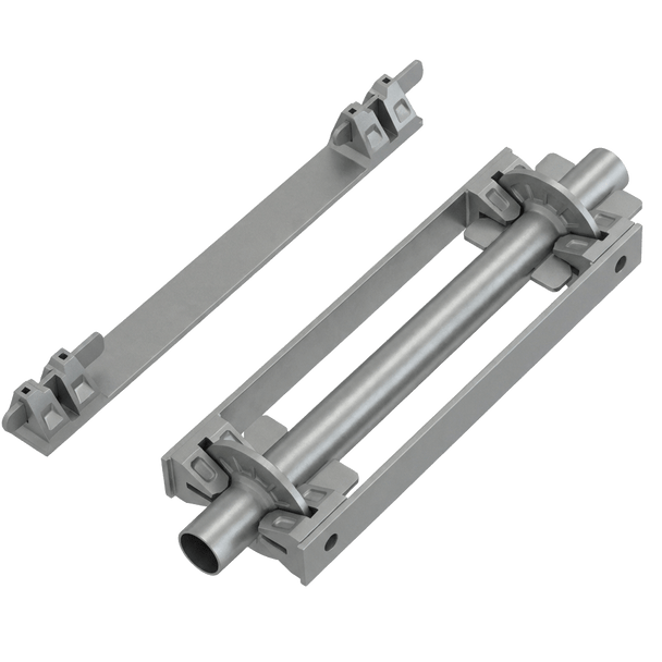Heavy-duty galvanized Ringlock suspended bracket for connecting vertical standards in suspended scaffolding systems.