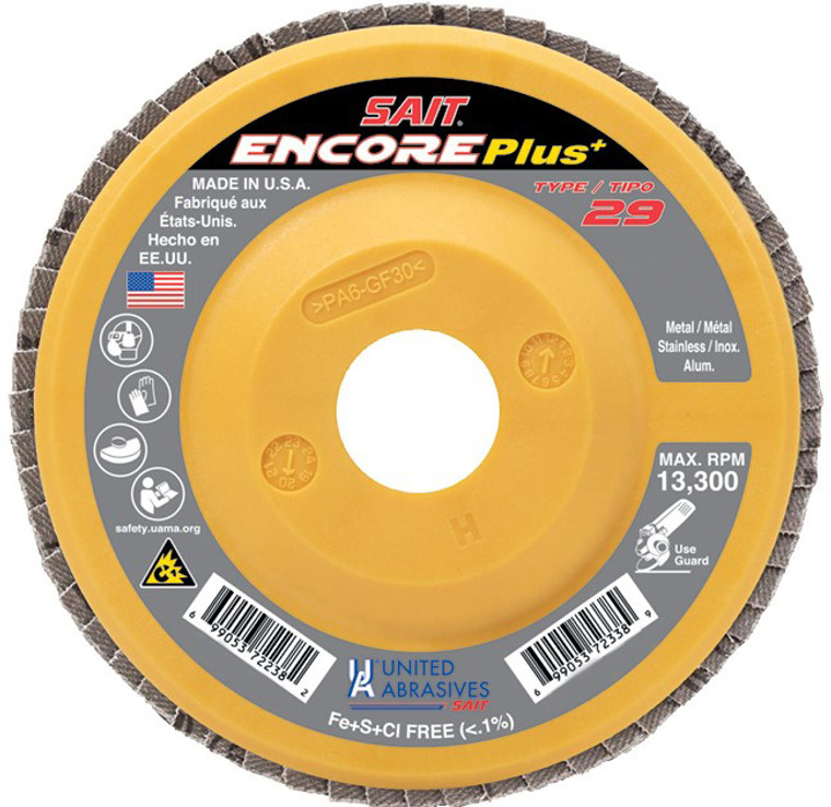 United Abrasives-SAIT 72339 Encore Plus Plastic Backed Flap Disc (Type 29) 4-1/2" x 5/8"-11, 40 Grit, 10-Pack