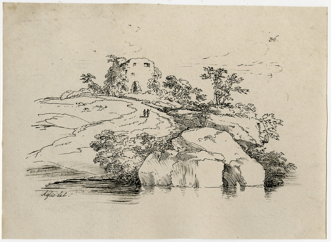 Antique Master Print-LANDSCAPE-EARLY LITHOGRAPHY-RUIN-HILL-Aglio