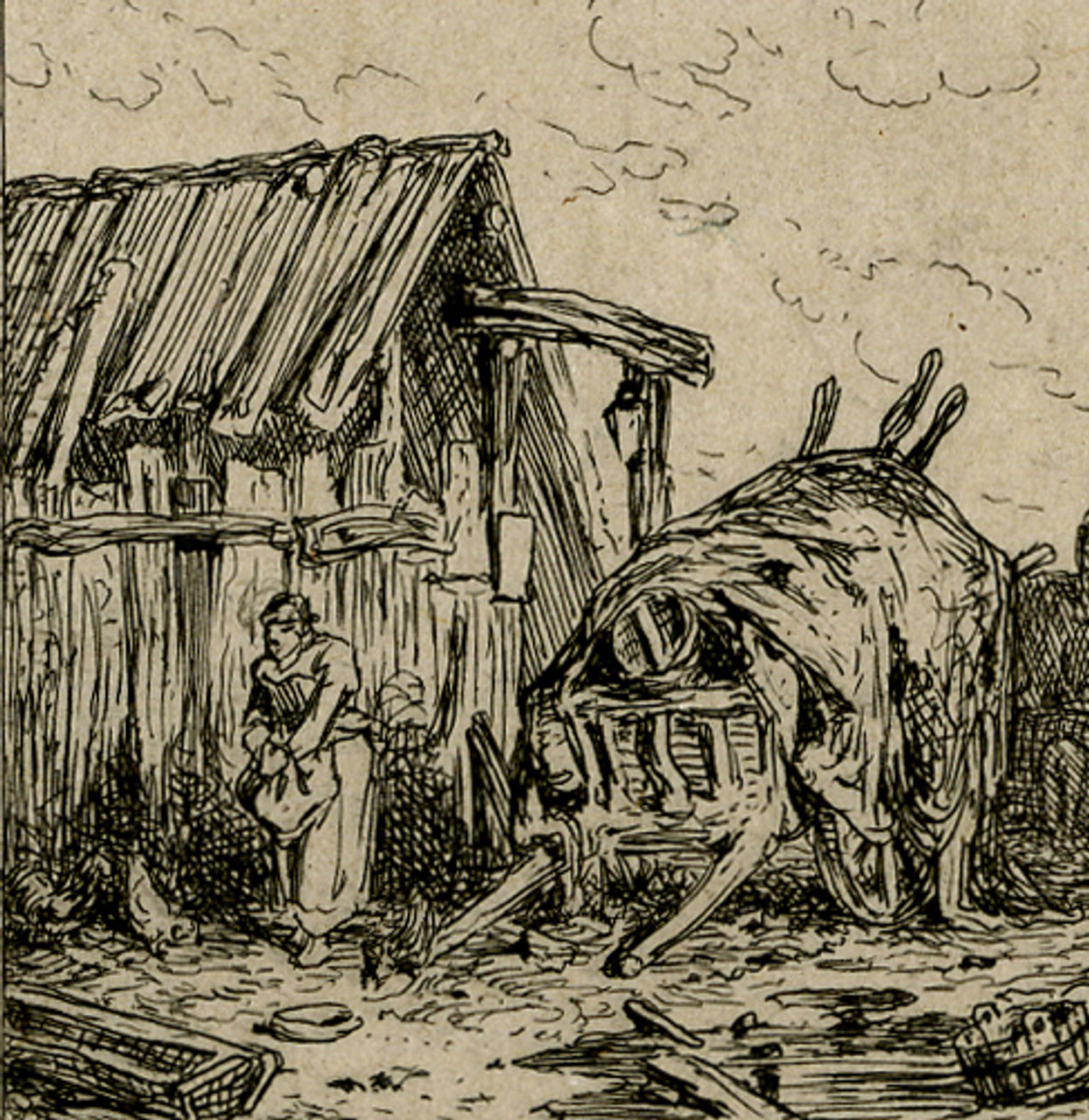 Antique Master Print-LANDSCAPE-FARMYARD-COVERED WAGON-HORSE-FARMER-Jacque-1844 - Laurentius Old Master Prints antique-master-print-landscape-farmyard-covered-wagon-horse-farmer-jacque-1844-laurentius-old-master-prints
