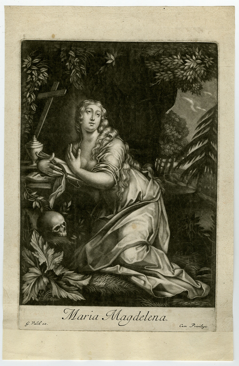 Rare Antique Master Print-RELIGION-MARY MAGDALENE-HERMIT-Bloemaert