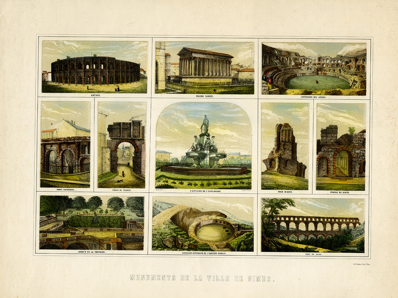 Antique Print-Different monuments in Nimes in France-Pradier