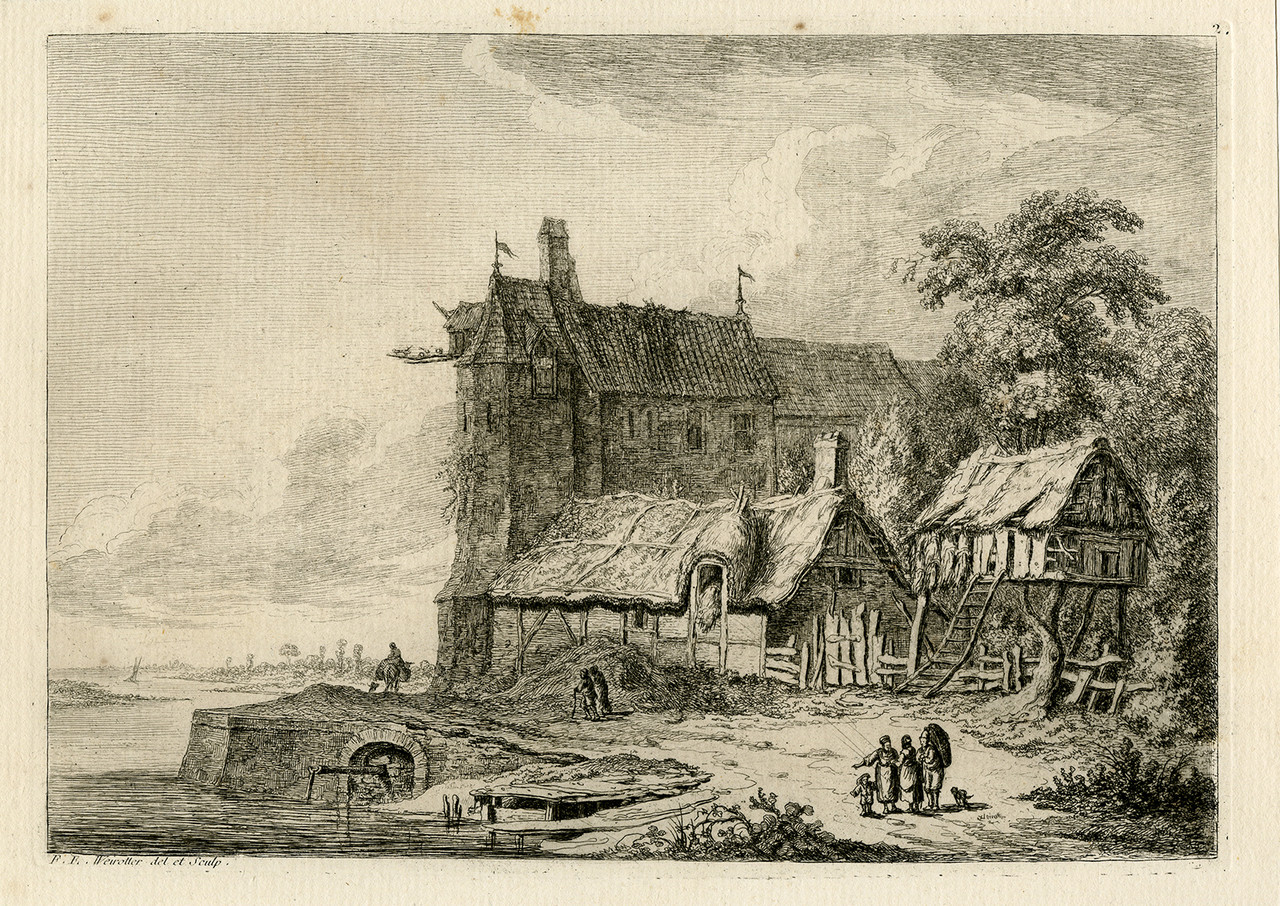 Antique Print-View of house near a river in Les Andelys in France