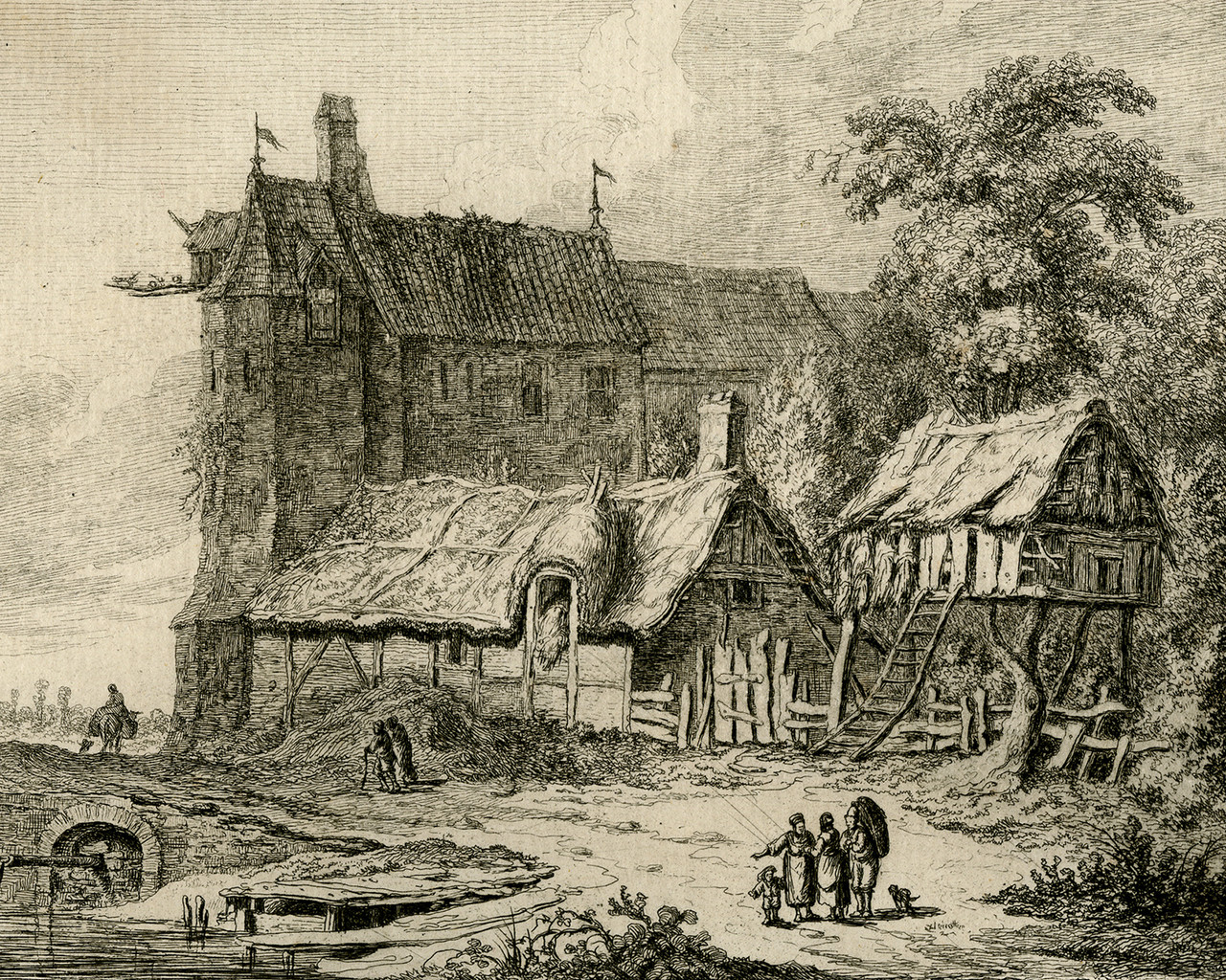 Antique Print-View of house near a river in Les Andelys in France