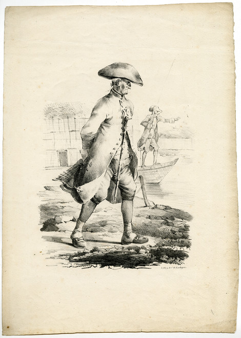 Antique Master Prints-MILITARY-VETERAN-CANE-FISHING-Charlet-c. 1817-1818 - Main Image