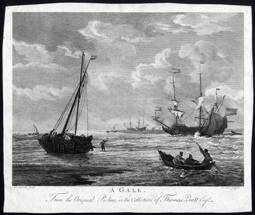 Antique Master Print-STORM-GALE-SAILING-SHIP-Sallieth-Van de Velde-ca. 1770 - Main Image