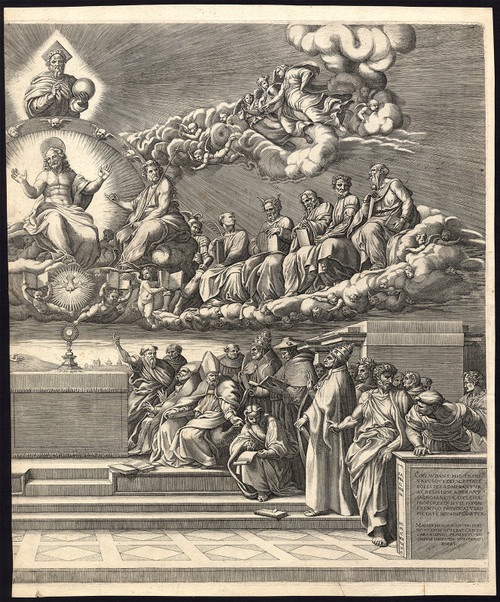 Antique Master Print-DISPUTE HOLY SACRAMENT-Ghisi-Raphael-1552 - Main Image
