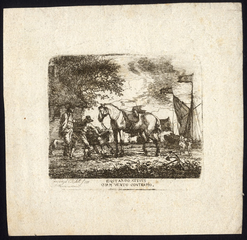 Antique Master Print-HORSE-FEEDING COASTAL LANDSCAPE-SHIP-Kobell-Langendijk-1777 - Main Image