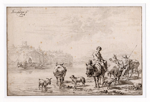 Antique Master Print-HINY-CROSSING CATTLE-Ploos van Amstel/Körnlein-Berchem-1769 - Main Image