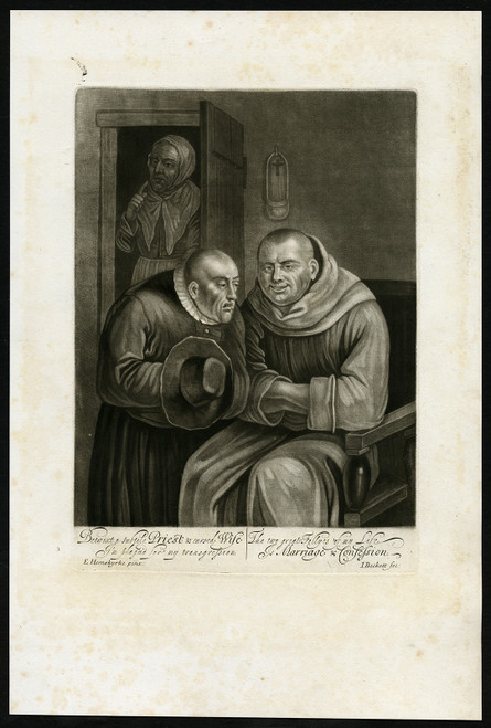 Antique Master Print-GENRE-SUBTILE PRIEST-CURSED WIFE-Beckett-Heemskerk-ca. 1680 - Main Image