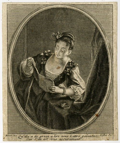 Antique Master Print-GENRE-WOMAN-READING-LETTER-Raoux-Duflos-ca. 1705 - Main Image