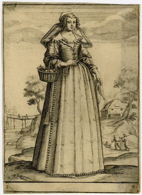 Rare Antique Master Print-GENRE-WOMAN-BASKET-COSTUME-LANDSCAPE-Rabel-ca. 1630 - Main Image