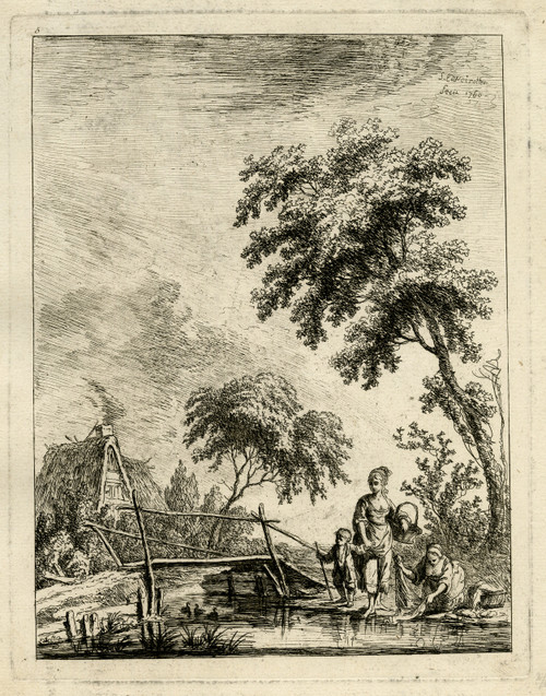 Antique Master Print-LANDSCAPE-BRIDGE-WOMAN-LAUNDRY-Weirotter-1760 - Main Image