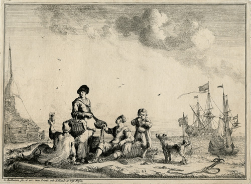 Antique Master Print-SEASCAPE-FISHERMEN HAVING A PICKNICK-BEACH-Backhuizen-1701 - Main Image