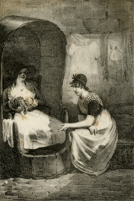 Antique Master Print-Depiction of a woman mending clothes-Engelmann-1822 - Main Image Antique Master Print-Depiction of a woman mending clothes-Engelmann-1822 - Main Image