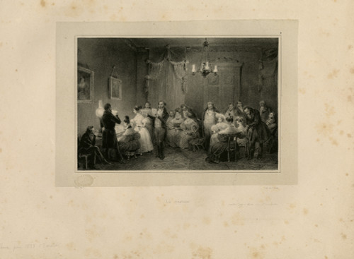 Antique Master Print-Three man singing and a woman playing the piano-Madou-1833 - Main Image