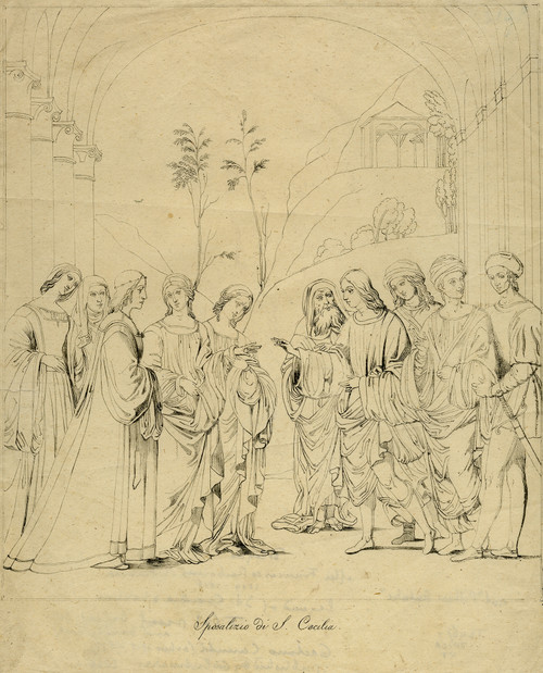 Rare Antique Master Print-Marriage-Valerian and St. Cecilia-Canuti-Francia-1829 - Main Image