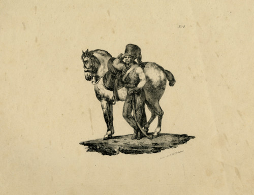 Antique Master Print-Depiction of a soldier next to his horse-Anonymous-1827 - Main Image Antique Master Print-Depiction of a soldier next to his horse-Anonymous-1827 - Main Image