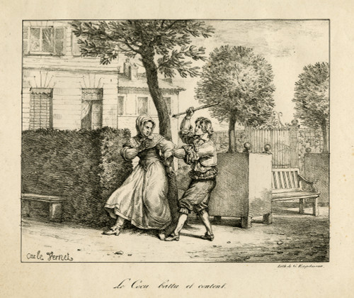 Antique Master Print-A man beating his adultrous wife-Vernet-1816 - Main Image Antique Master Print-A man beating his adultrous wife-Vernet-1816 - Main Image