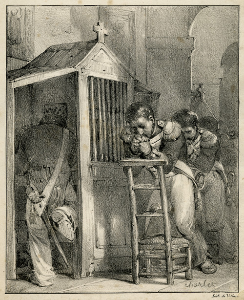 Antique Master Print-Depiction of soldiers going to confession-Charlet-1823 - Main Image Antique Master Print-Depiction of soldiers going to confession-Charlet-1823 - Main Image